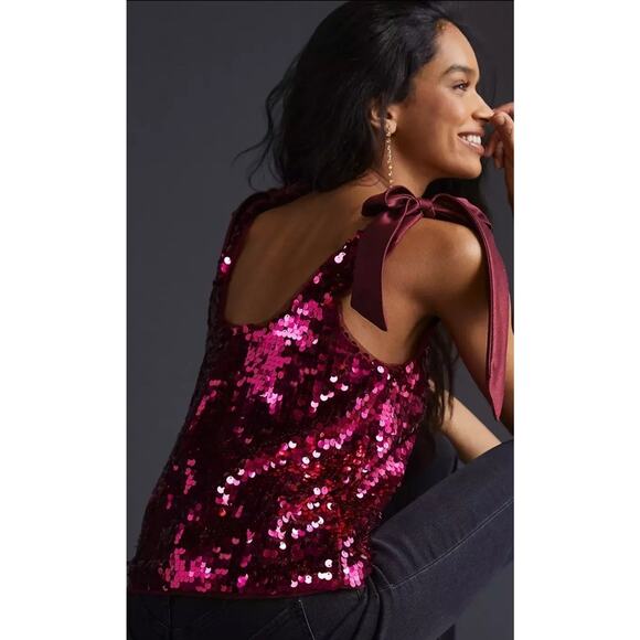 Anthropologie Women's Maeve Sequined Tie-Strap Tank Pink XS - Picture 7 of 16